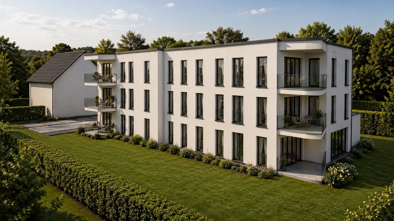 Errichtung eines Mehrfamilienhauses mit fünf Wohnungen, einer Garage und 10 Stellplätzen in Erlensee — Außenperspektive 01